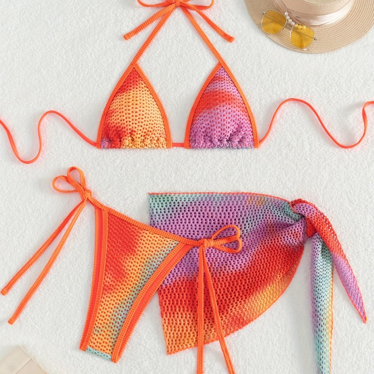 

Women s Swimwear Sexy Gradient Three-piece Halter Neck Low Waist Side Tie Bikini Set Bathing Suits L