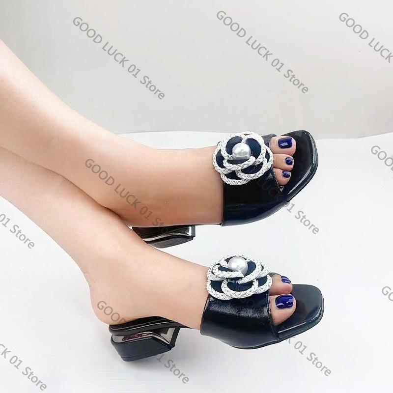 Fashion 2025 European and American New Thick Heel Round Head Flower Cool Slippers Single Shoes Women's