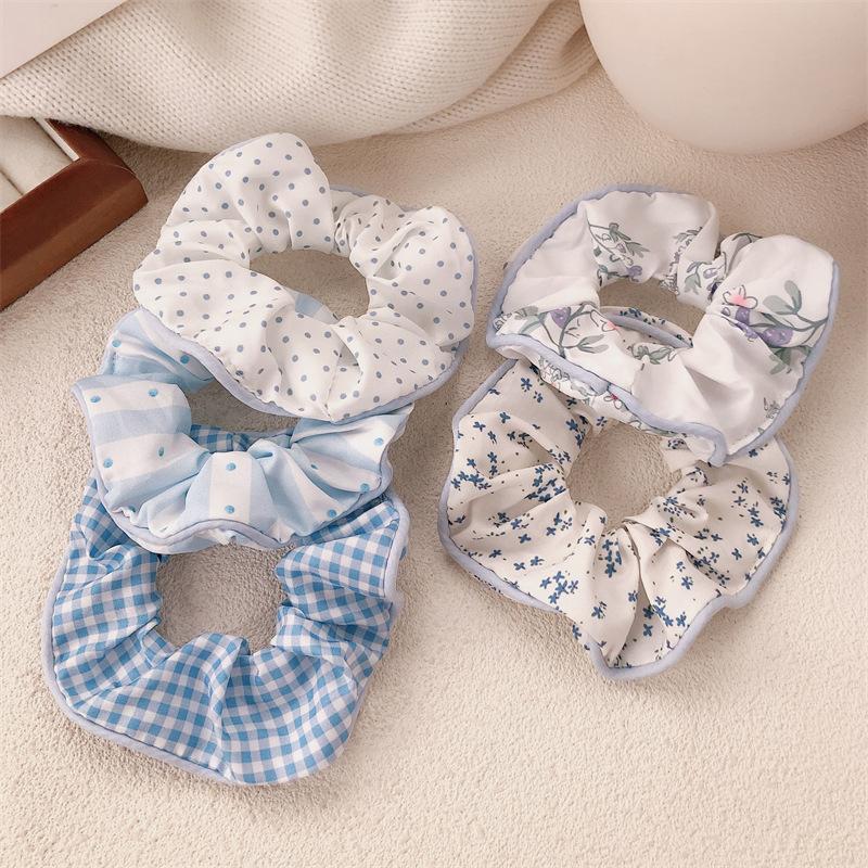 Sea Salt Blue Polka Dot Floral Plaid Large Hair Scrunchie Sweet and Versatile Fabric Hair Tie Hair Accessory