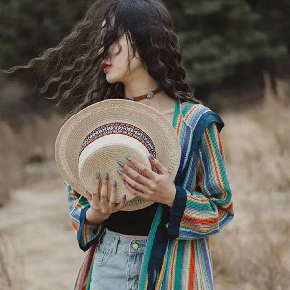 Ethnic Style Weave Straw Hat UV Protection Outdoor Visor Cap Fashion Beach Hat  Outdoor