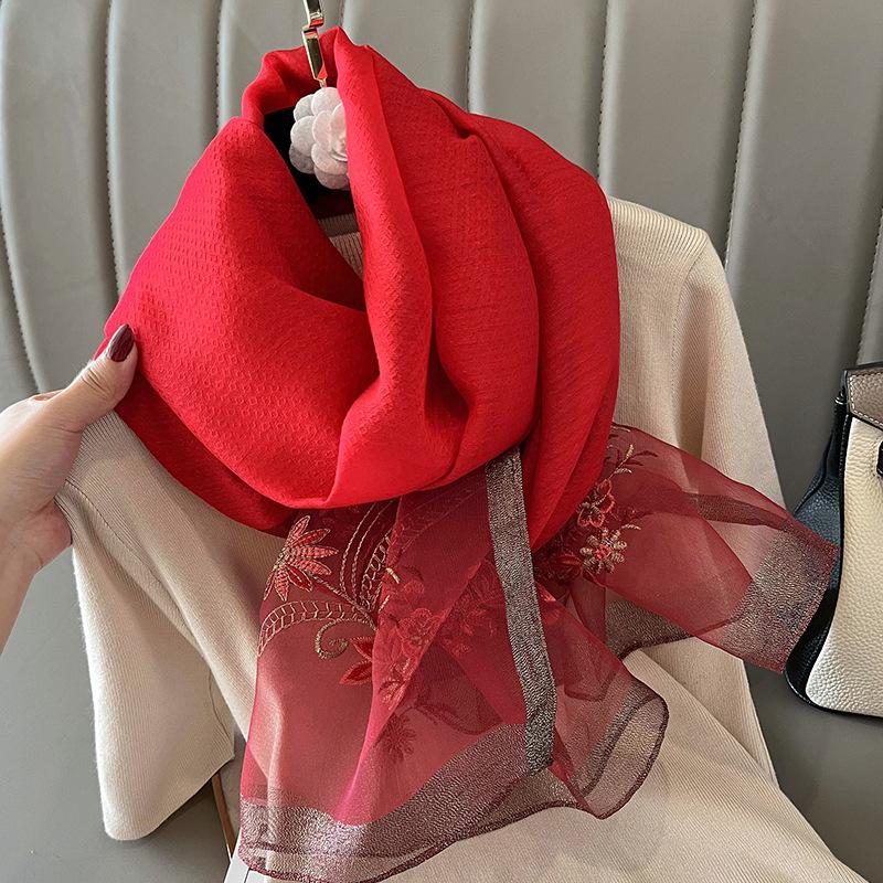 Marca de Lujo Seda Lana Bufanda Mujer Bordado Chal y Wraps Foulard Femenino Hijab Bandana bufandas para señora flores estolas de playa