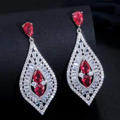 WWJ Hochwertige blau-rote Zirkonia-Ohrringe für Damen, lange Tropfenform, Hochzeits-Ohrringe, Schmuck-Accessoires