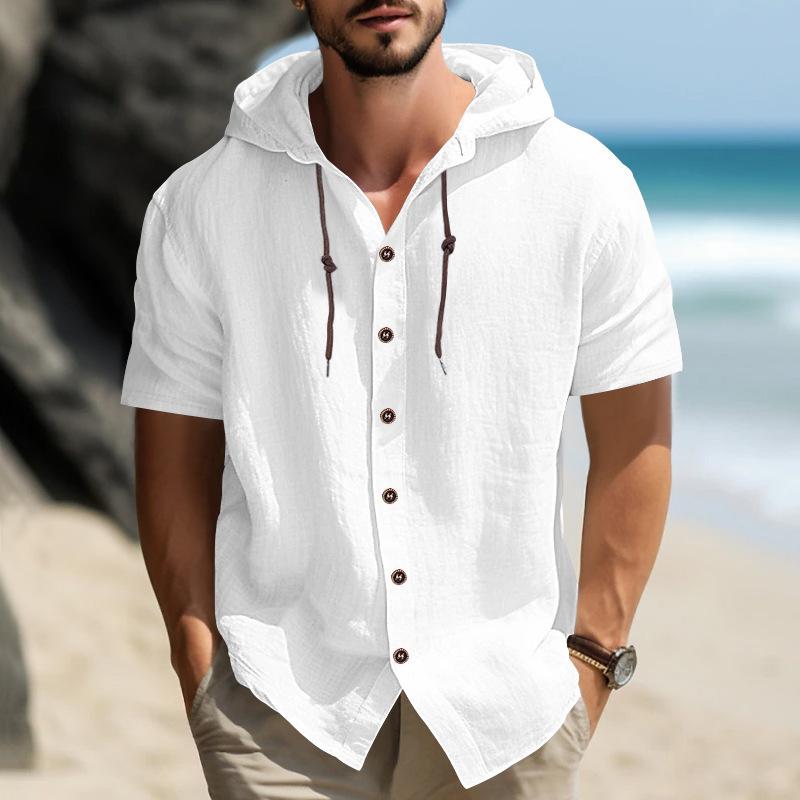 Summer Cotton Linen Shirt for Men Hooded Short Sleeve Solid Color Breathable Lightweight Drawstring Design Shirts Casual Basic Tees