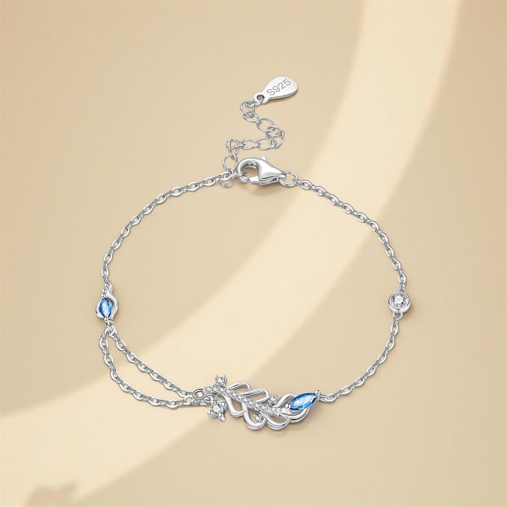 PANPOKI New 925 Silver Blue Feather Lucky Symbol Bracelet Chain Link Women Bracelet Jewelry Party Trendy Gifts