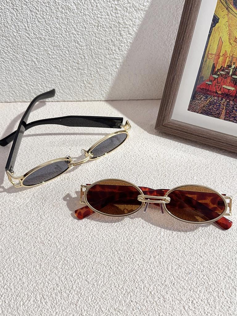 2Pcs Fashionable Oval Metal Frame Glasses Set with Exquisite Metal Design, Exudes Elegant Elegant, Unisex, Perfect for Party