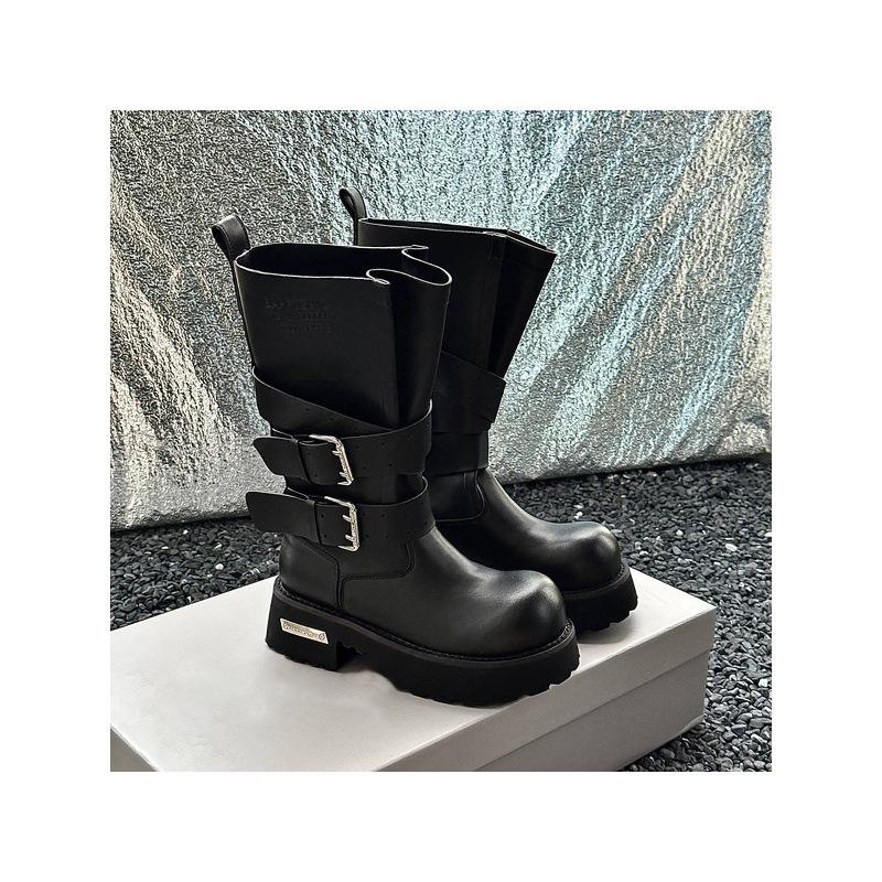 Sheepskin version thick-soled medium boots retro big-headed knight boots female venom belt buckle Martin boots female western cowboy boots