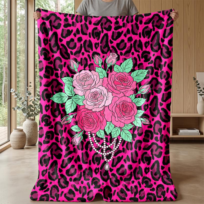 Pink Roses on Leopard Print 2 Theme blanket Lightweight Warm Flannel Blanket Decorative Throw Blanket for Home Decoration