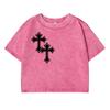 Funny Cross Pattern Printing Women Washed Short T Shirt Summer Midriff-Baring Tshirt Street Casual Distress Top