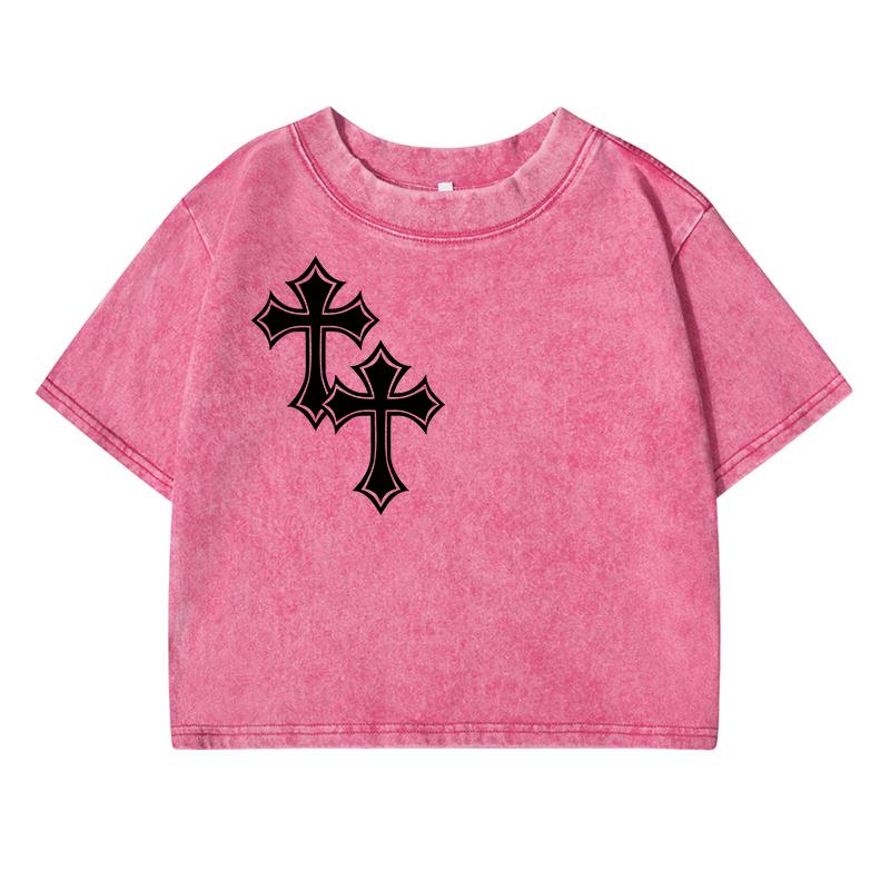 Funny Cross Pattern Printing Women Washed Short T Shirt Summer Midriff-Baring Tshirt Street Casual Distress Top