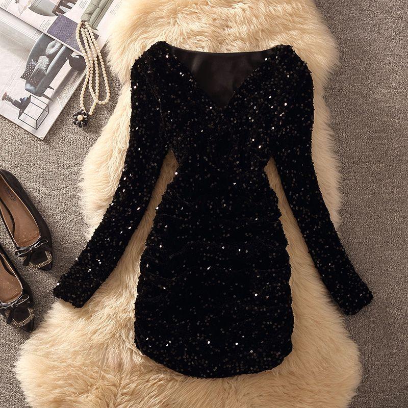 

Fashion Fashion Ladies Temperament Long Sleeve V-neck Waist-Controlled Slimming Glitter Ruffle Hip Dress Dress Women Black S(Within the recommended 40.00 kg-47.50 kg])