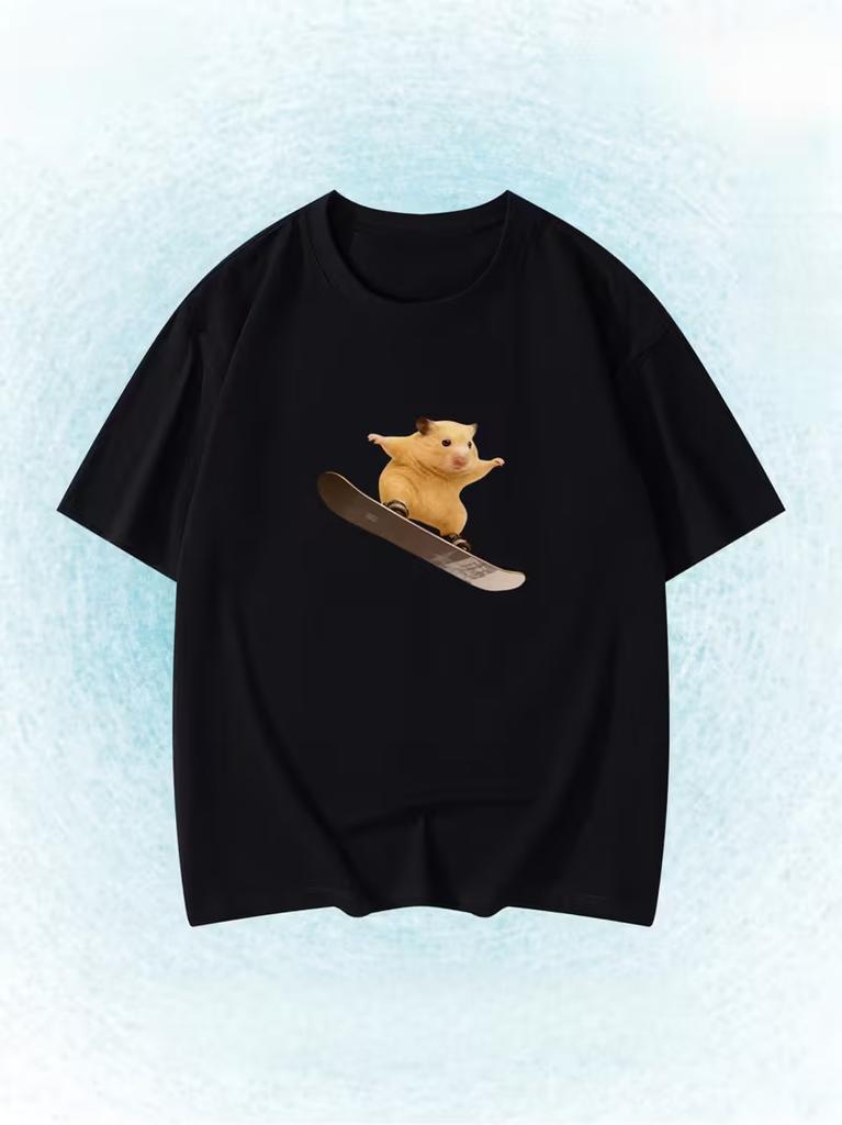 Funny Snowboarding Hamster Animal Print Tshirt Cute Meme Loose Short Sleeve Casual Summer Top For Unisex Daily