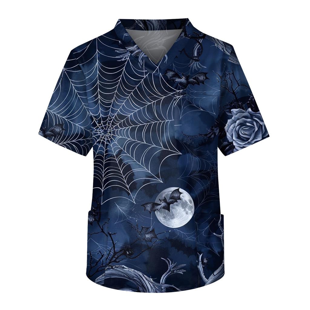 Top de îngrijire pentru bărbați cu mânecă scurtă, decolteu în V, imprimeu de Halloween, buzunar la piept