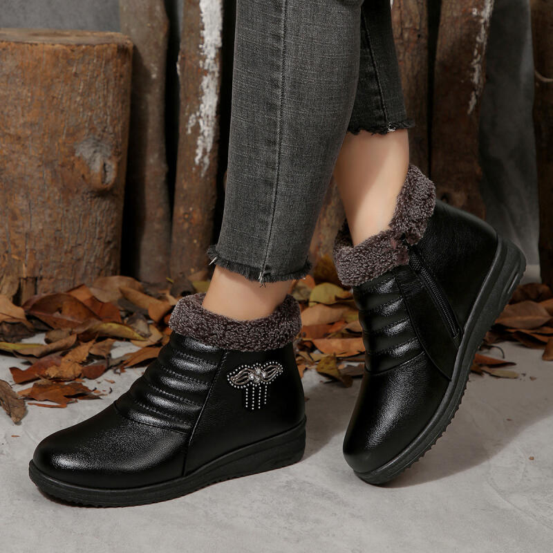 Fashion Retro Glitter Decoration Furry Ankle Boots Women 2025 Winter Comfort Round Toe Wedge Heel Fur Boots Warm Plush Non Slip Booties