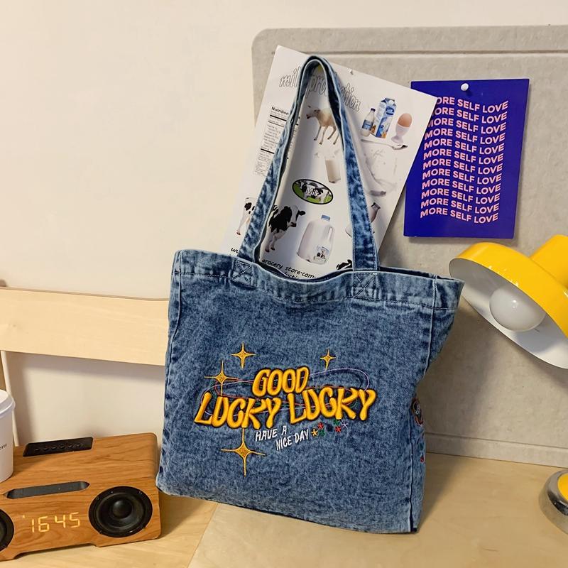 Большая вместительная холщовая сумка женская стираная джинсовая сумка-тоут студенческий — фото 12
