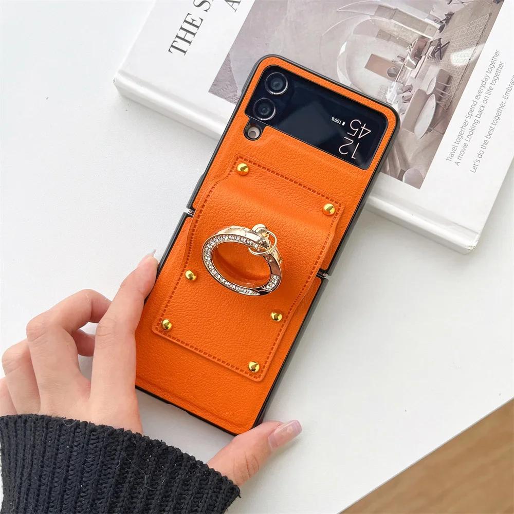Ring Holder Phone Case  for Samsung Galaxy Z Flip6 Flip5 Flip4 Flip3 Flip 6 5 4 3 5G Folding Hinge Protection PU Leather Cover