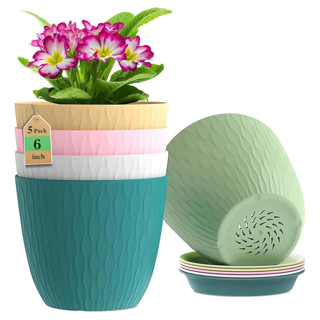 Pack of 5 6 Inch Plastic Flower Pots for Indoor & Outdoor Terrace,Garden Plants Decorative Planters with Drainage Holes & Matching Saucers Durable