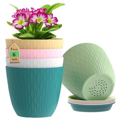 Pack of 5 6 Inch Plastic Flower Pots for Indoor & Outdoor Terrace,Garden Plants Decorative Planters with Drainage Holes & Matching Saucers Durable