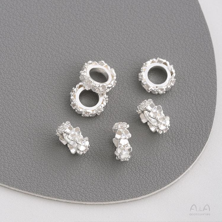 

925 Толстое серебряное кольцо-разделитель с цирконом и цветочным узором - Аксессуар для нанизывания, ручная работа