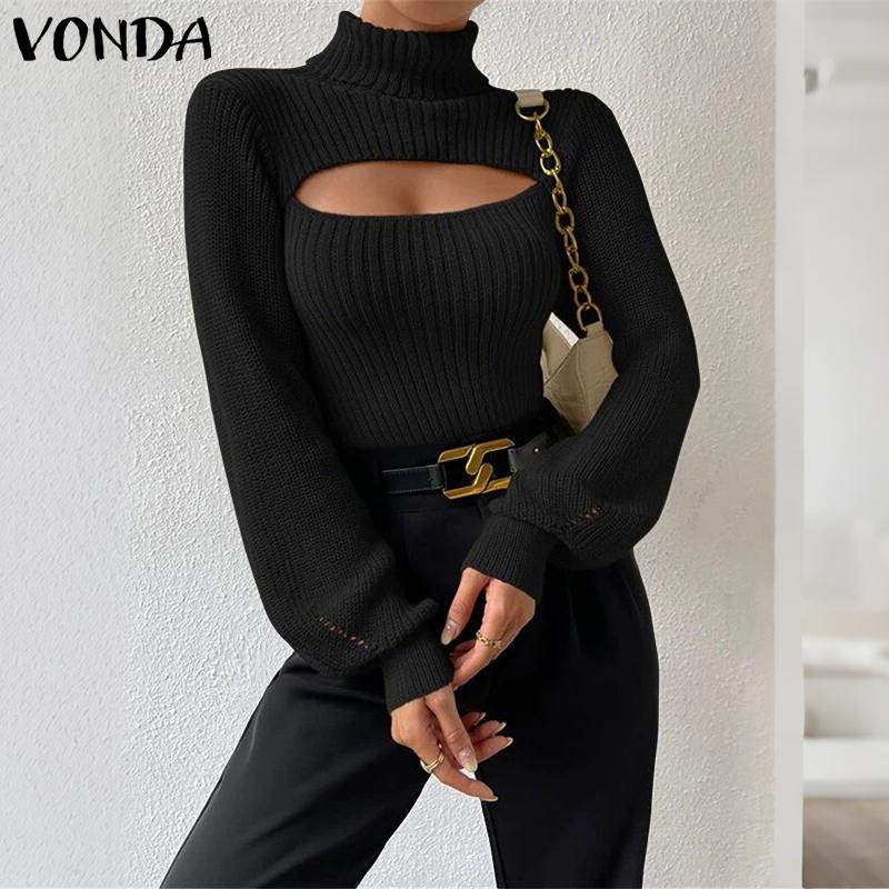 VONDA Women Turtleneck Long Sleeve Cutout Casual Fitted Knitwear Sweaters Jumpers