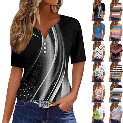 Women's Casual V-neck Short Sleeved Decorative Button Up T-shirt Top