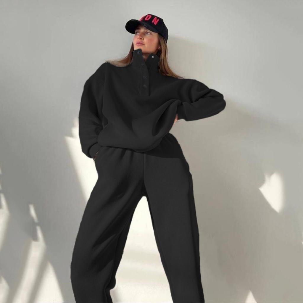 Spring and Autumn Women's Fashion Button Up Collar Hoodie Loose Pants, Hoodie Set