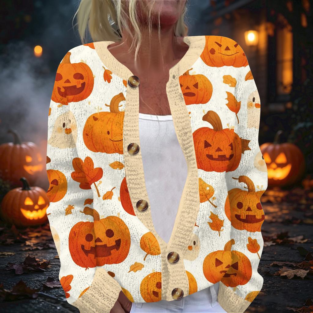 Women's Halloween Print Long Sleeve Knit Cardigan Button Front Sweater for Fall Outfits