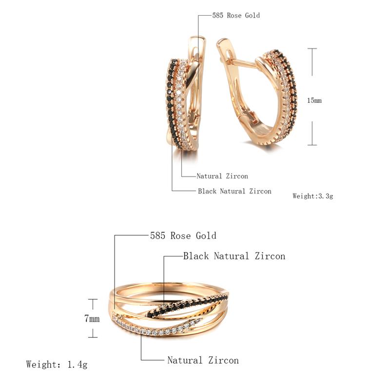 Unusual Rose Gold Ring Earrings Sets Black White Natural Zircon Cross Geometry Rings For Women Vintage Jewelry Sets