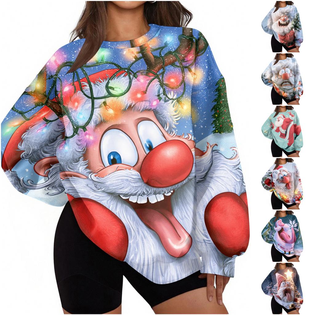 Women's Christmas Print Crewneck Sweatshirt, Lightweight Casual Holiday Pullover Top