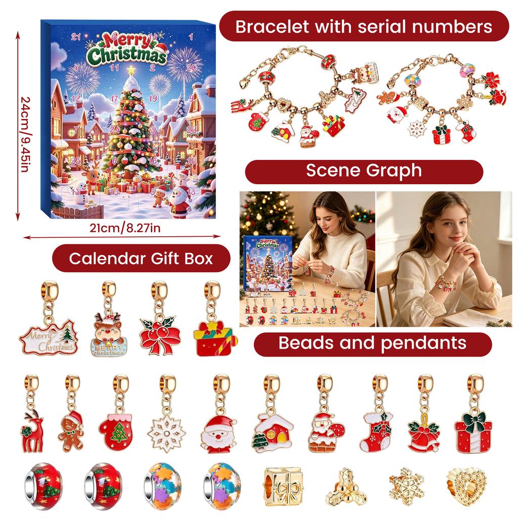 Christmas Advent Calendar Bracelet Making Kit with Large Hole Beads and Santa Snowflake Pendants for Kids