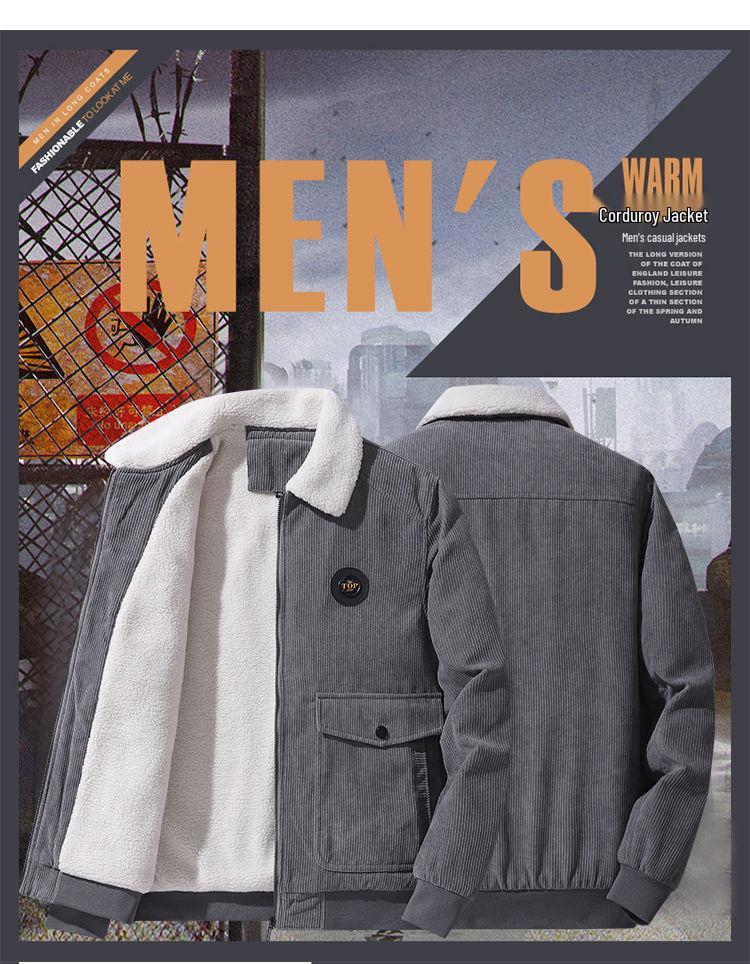 Męska kurtka sztruksowa plus size - Podszyta polarem, kołnierz wykładany na wiosnę i jesień, do noszenia na co dzień