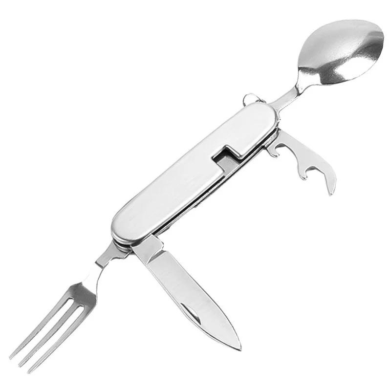 Multi Strumento Portatile Picnic Campo Cucchiaio Piega Spork Forchetta Posate Da Tavola Coltello Posate Bottiglia Apriscatole Multitool All'aperto