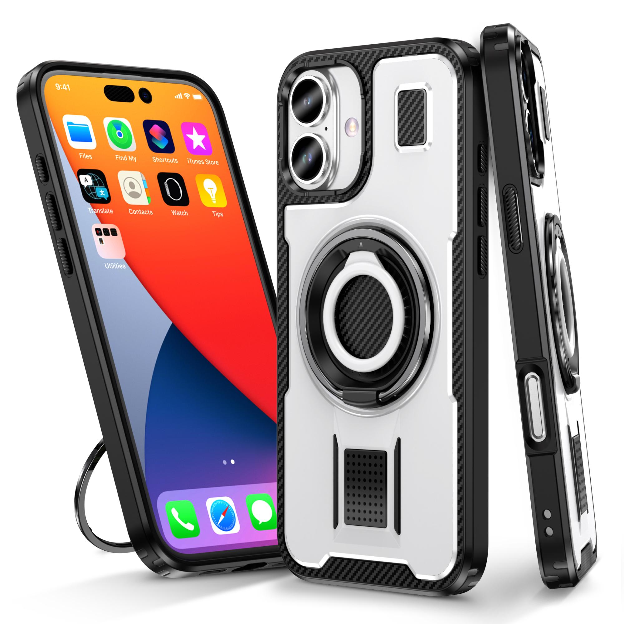 

For iPhone 16 Case TPU+PC Kickstand Phone Cover with Silicone Finger Strap White