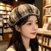 Retro Plaid Pumpkin Hat Octagonal Hat Shows a Small Face, New Versatile Big Version Newsboy Hat Beret Spring and Summer