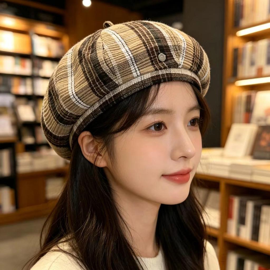 Retro Plaid Pumpkin Hat Octagonal Hat Shows a Small Face, New Versatile Big Version Newsboy Hat Beret Spring and Summer