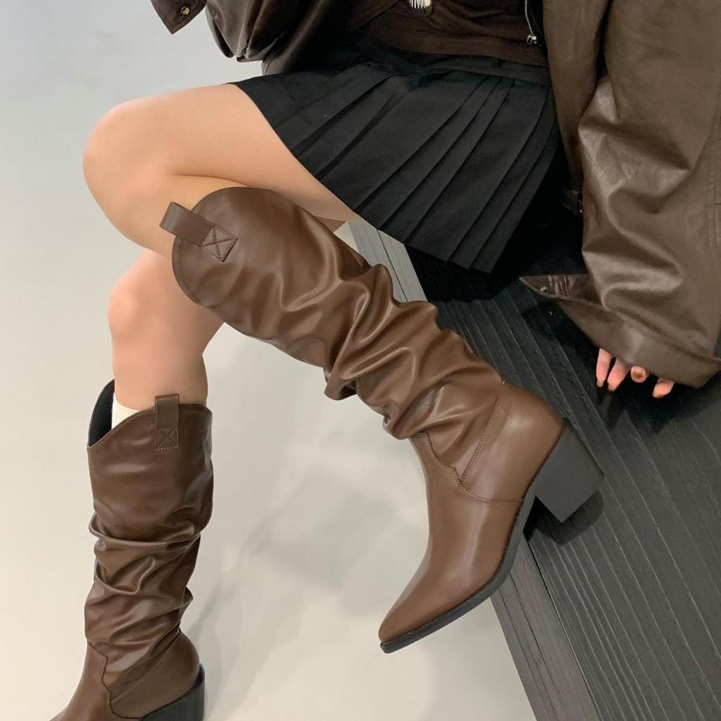 Pointed thick-heeled boots 2025 autumn western pleated stacking boots V-mouth but knee-high small boots