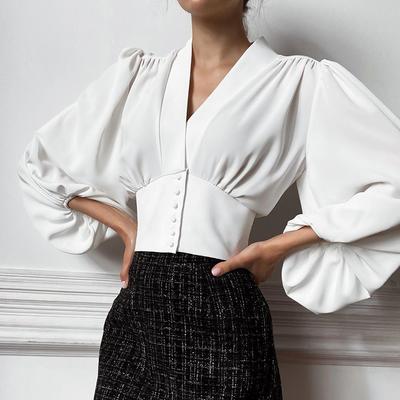 Spring French V-neck Shirt Slim Fit Long Sleeved Top For Women