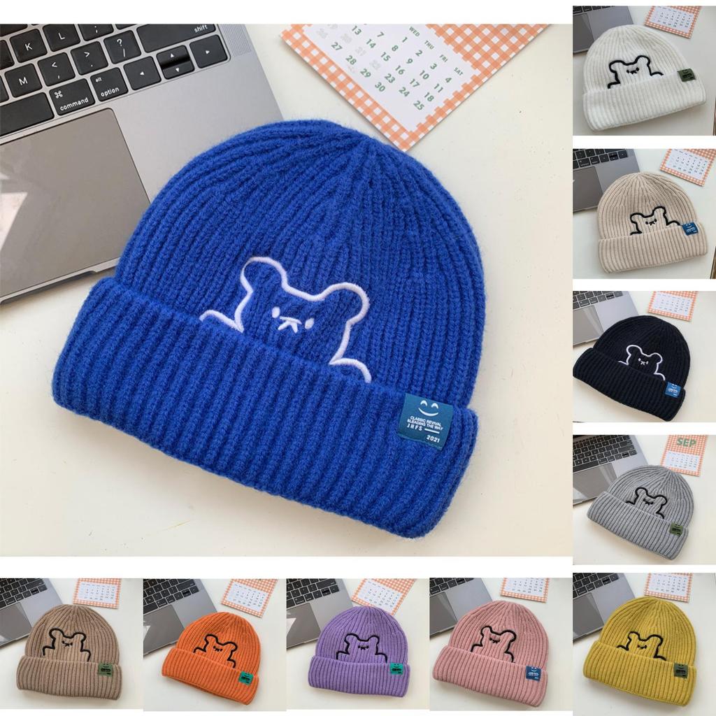 Deepsea Cute Bear Embroidered Knit Hat Korean Style Thickened Ear Protection Cold Hat For Women