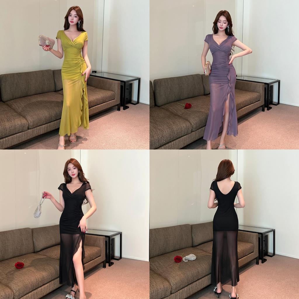 Elegant Polyester V Neck Dress With Slit For Office Wear Women Spring 2025