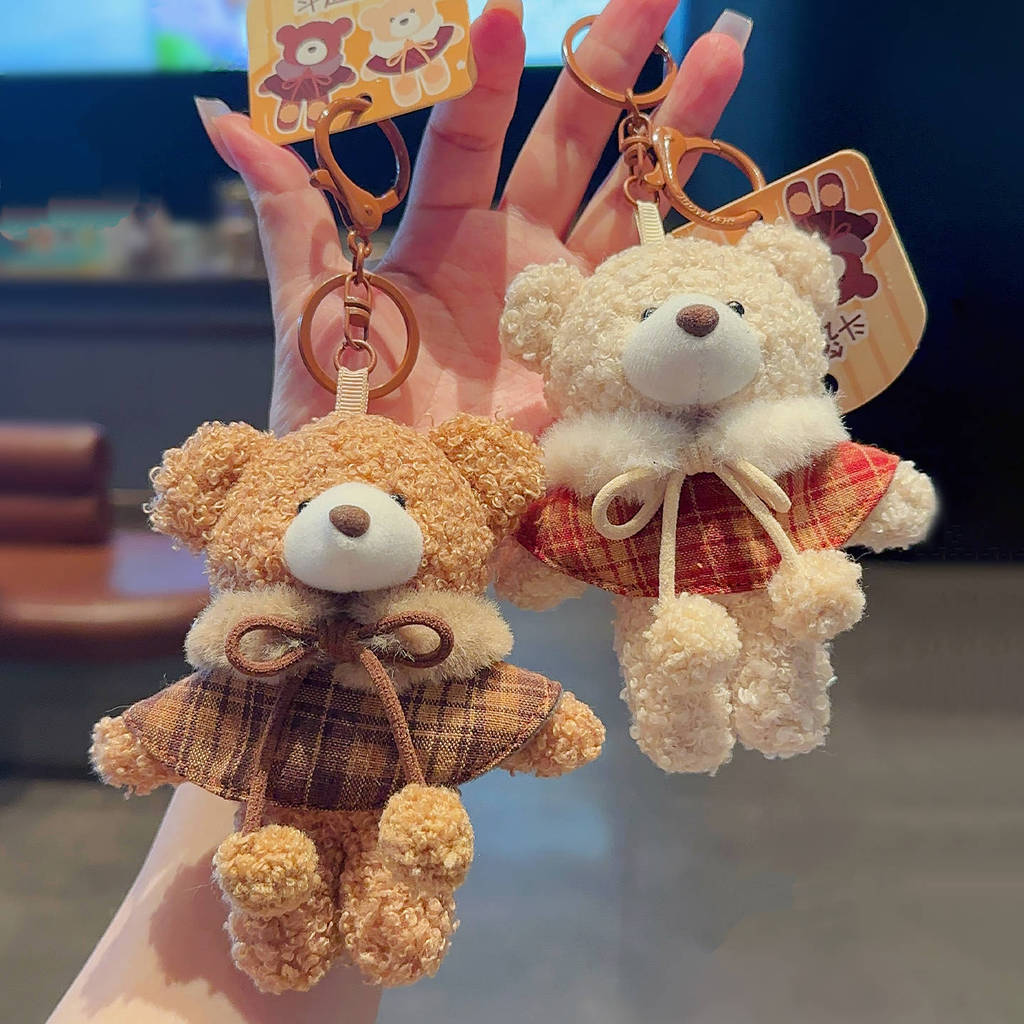 Cute Plush Bear Keychain With Checkered Cape Design For Gift And Bag Decoration