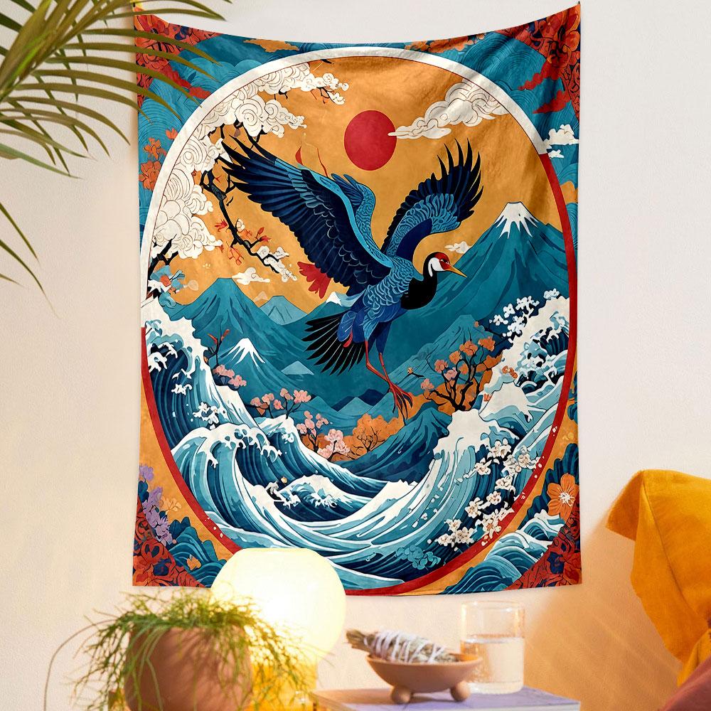 Japanese Crane and Mountain Landscape Patterned Tapestry Decorative Wall Hanging, Home Bedroom Living Room Decor
