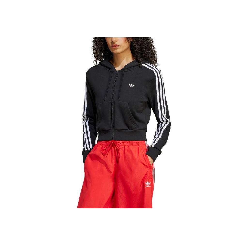 adidas Originals Sport Hooded Zip Striped Short Jacket Women Jackets Black JX9220