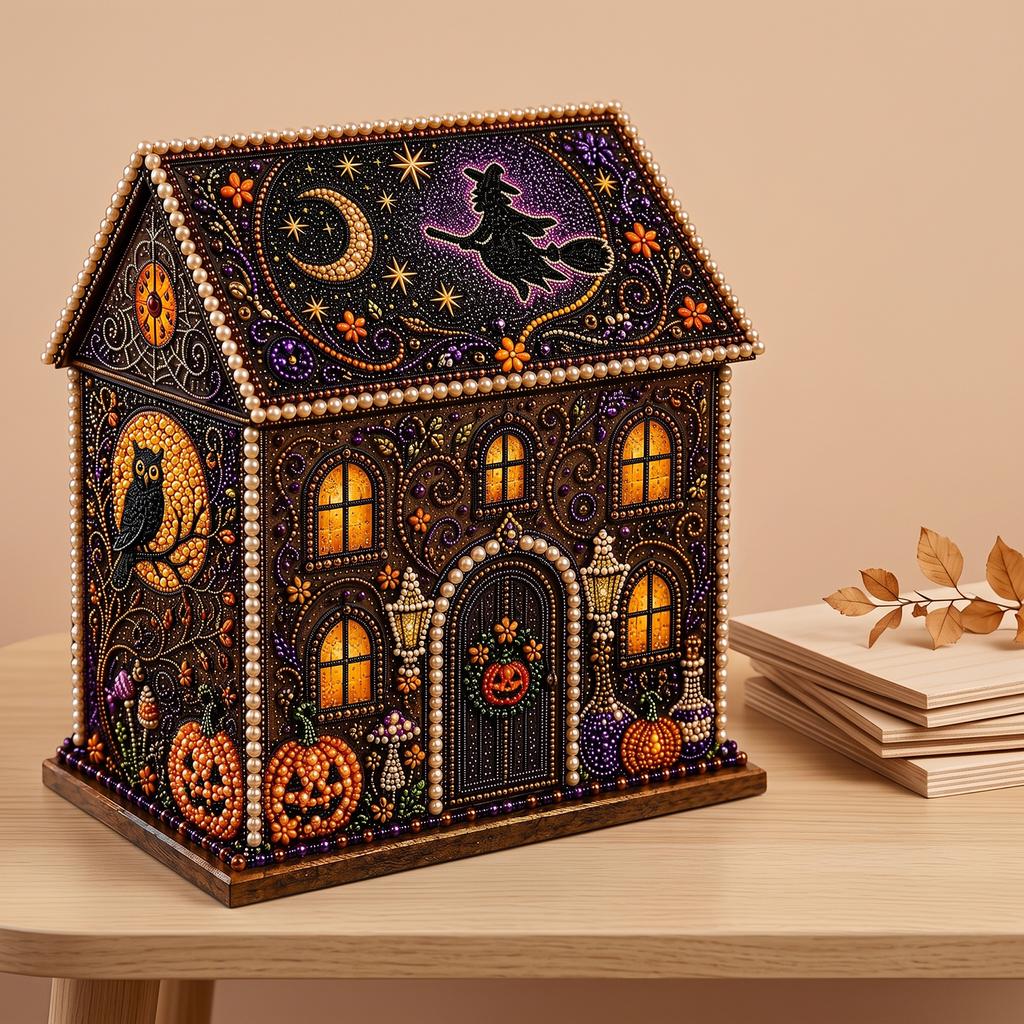 3D Halloween Wooden House Diamond Painting Kit Flying Witch Fun Interactive DIY Craft For Parents And Children Perfect For Creating Festive Holiday