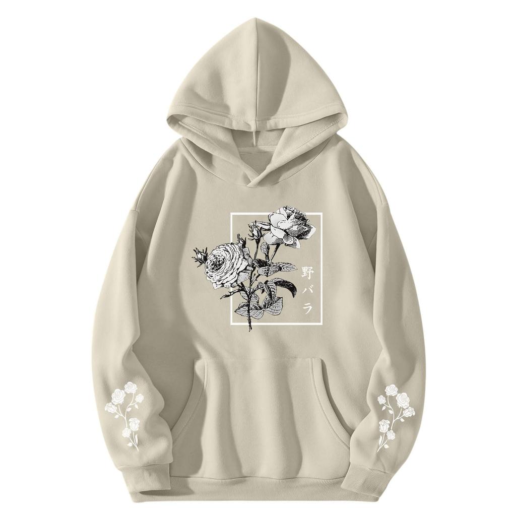 2025 New Rose Flower Print Hoodie Men's Cool Plus Size Fashion Simple Street Cotton Jumper Sweatshirt