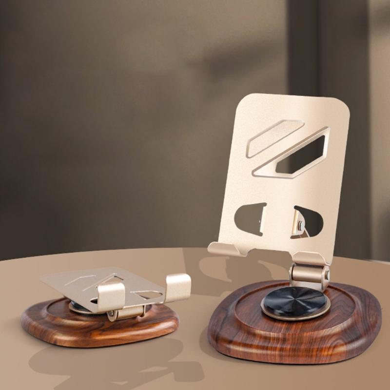 Support de téléphone en métal Support Rotation à 360 degrés Ergonomique Pliable Portable Base en bois de noyer Port de chargement inclus
