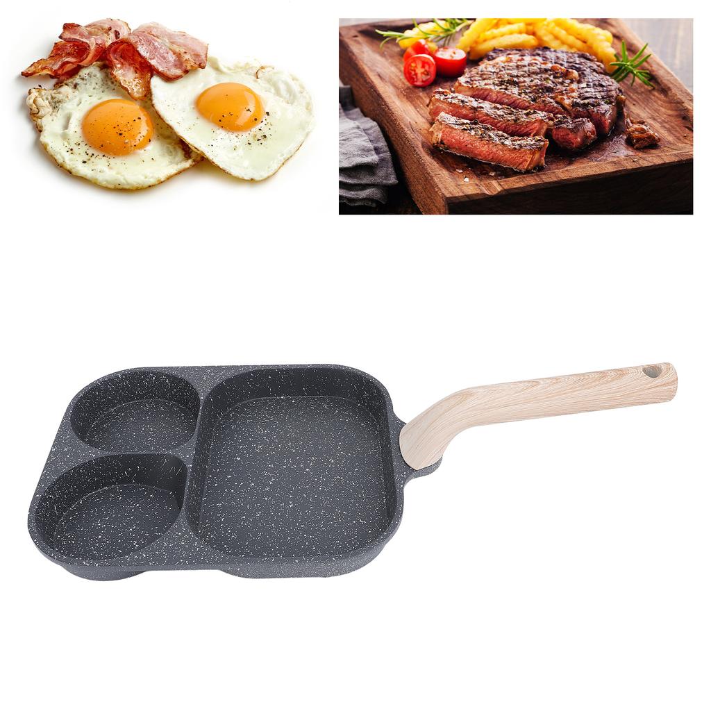 Egg Frying Pan 3 Section Stick Proof Flat Bottom Breakfast Cooking Pan with Heat Resistant Handle for Steak Omelette Black