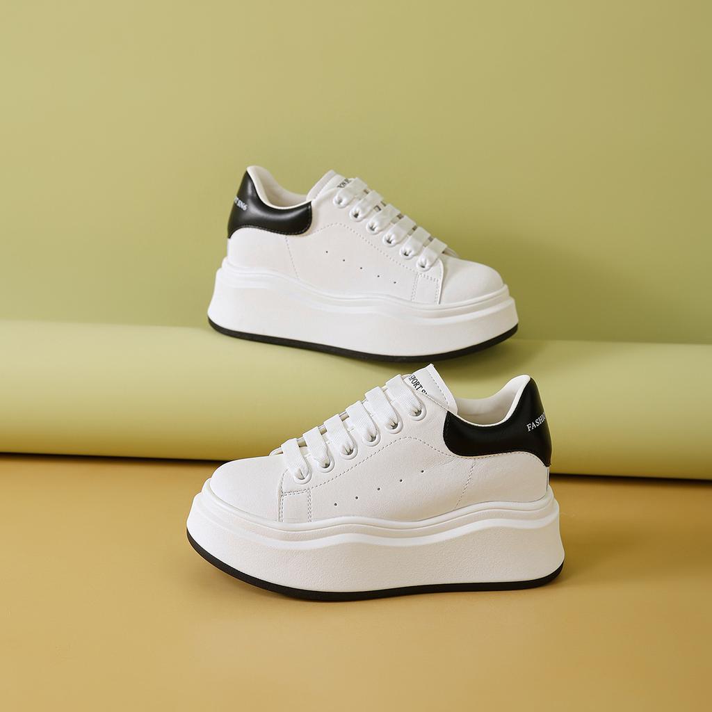 Thick-soled Inner Height-increasing Board Shoes Women's Spring New Leather Wavy-soled White Shoes Muffin Sports and Leisure Shoes