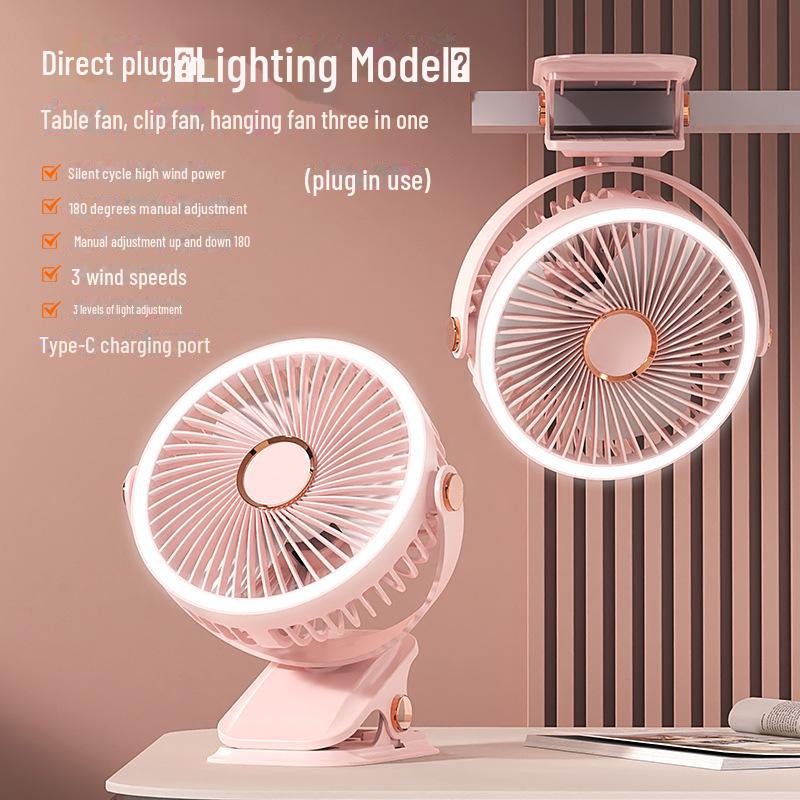 Rechargeable USB Clip Fan with Desk Lamp - Large Battery, Portable for Student Dormitories
