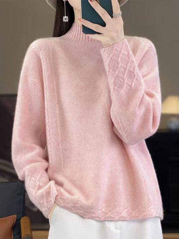 Women's 100% Wool Cable Knit Sweater, Half-High Neck, Loose Fit, Thick for Autumn/Winter