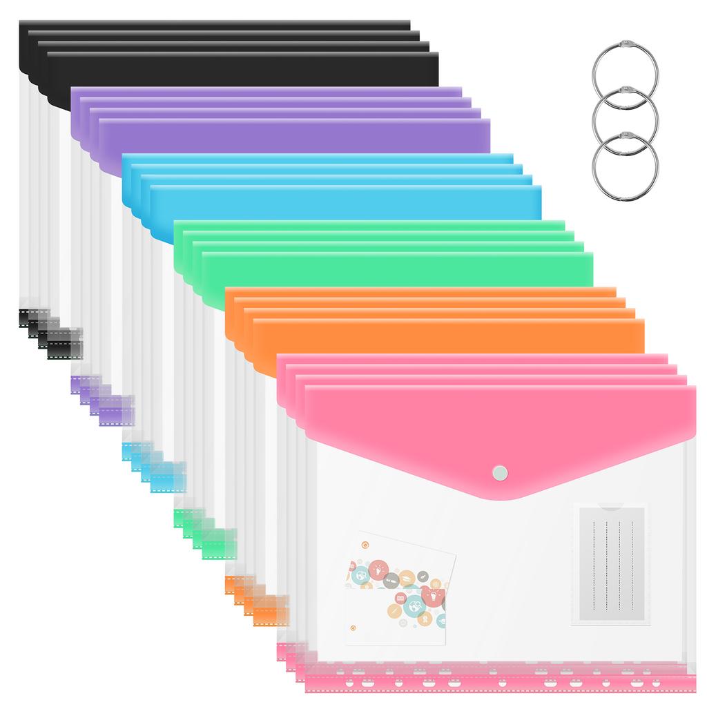 24Pcs Plastic Envelopes Binder Pocket with 11 Holes Waterproof Envelopes Binder Folder with Snap Button and Label Pocket