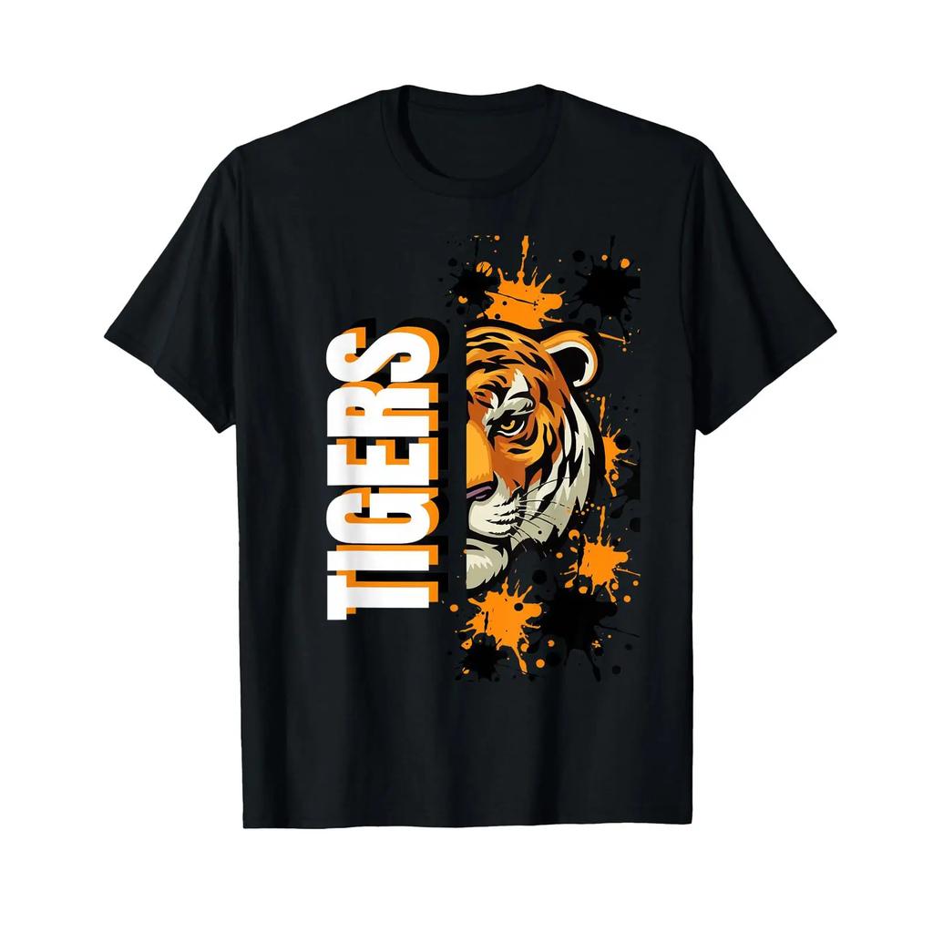 Tigers School Spirit Tiger Mascot Orange Black T Shirt Vintage Top For Everyday Wear Breathable Stretched Fashion